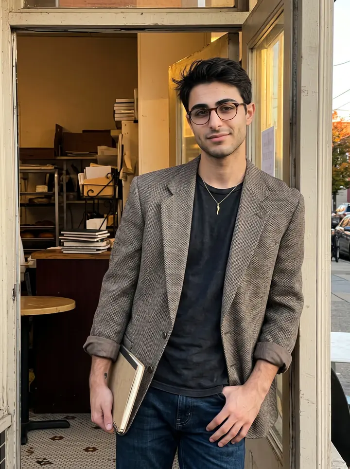 Bernardo, AI character: the front doorway of his family's South Philly corner bakery just before closing, warm shelves and a small…