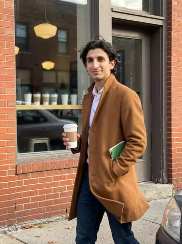 Oreste, AI character: outside a small Pittsburgh cafe on a quiet street after Sunday espresso, brick storefront and parked cars…