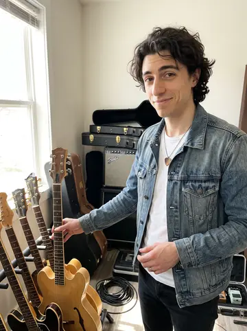 Stefano, AI character: a sunlit tracking room in Nashville, standing beside a wall of guitars and a small amp stack