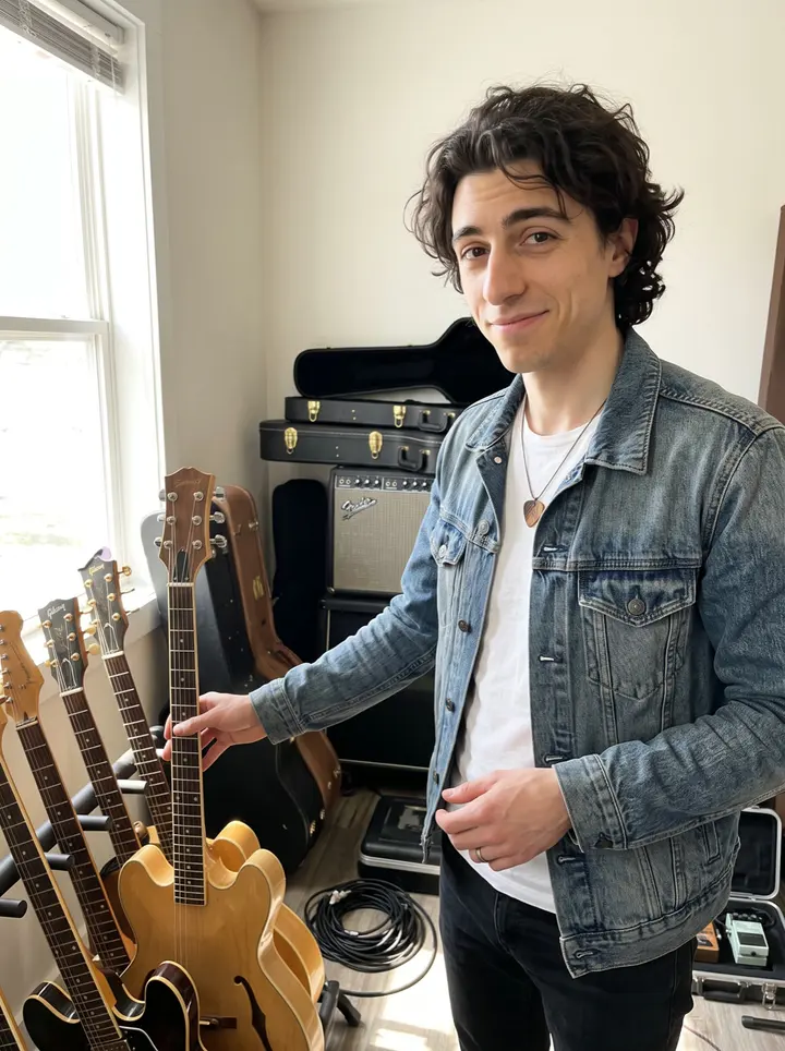 Stefano, AI character: a sunlit tracking room in Nashville, standing beside a wall of guitars and a small amp stack