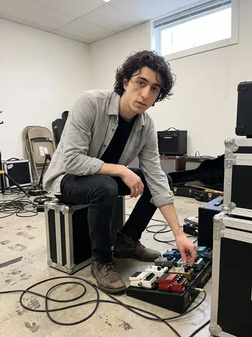 Stefano, AI character: a small Nashville rehearsal room during an afternoon take, cables and pedal cases on the floor