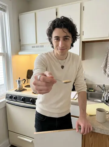 Stefano, AI character: his one-room rental kitchen corner in Nashville, moka pot on the burner and legal pads stacked near the sink