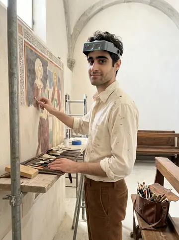Attilio, AI character: inside a small Siena church nave, standing beside a scaffold and a half-cleaned fresco wall, his worn…