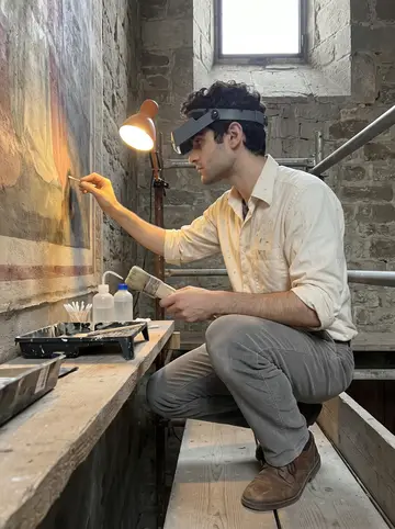 Attilio, AI character: on a low scaffold in a restoration chapel outside Siena, paint trays, cotton swabs and distilled water…