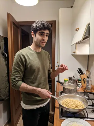 Attilio, AI character: a narrow apartment kitchen in Siena with a pot of pasta water on the gas hob, grated pecorino on a chipped…