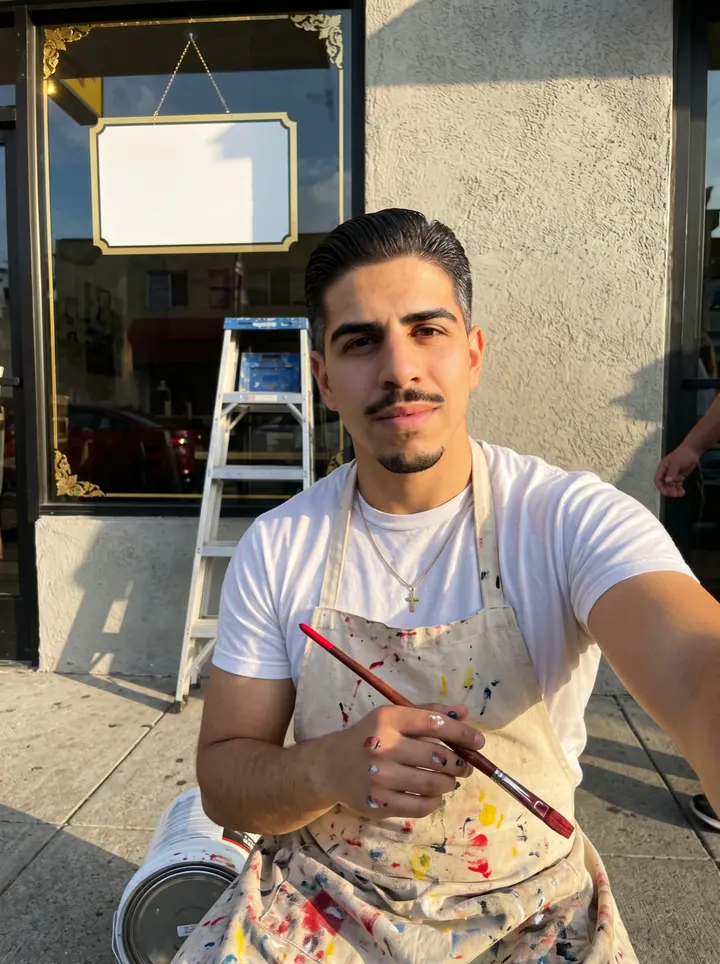 Zayn, AI character: sidewalk outside a taquería on Cesar Chavez Ave in Boyle Heights, freshly hand-lettered red-and-gold…