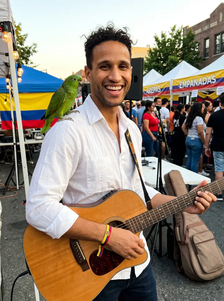Yeferson, AI character: an open-air Colombian street festival in Jackson Heights just before his set, food tents and a small crowd…