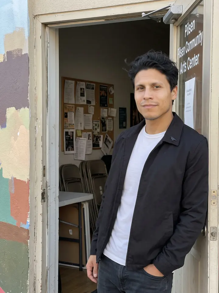 José, AI character: outside a Pilsen community arts center near a half-painted mural wall, late afternoon after class
