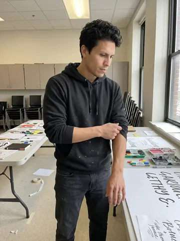 José, AI character: inside the Pilsen community center art room, folding tables covered with paper, markers, paint trays and…