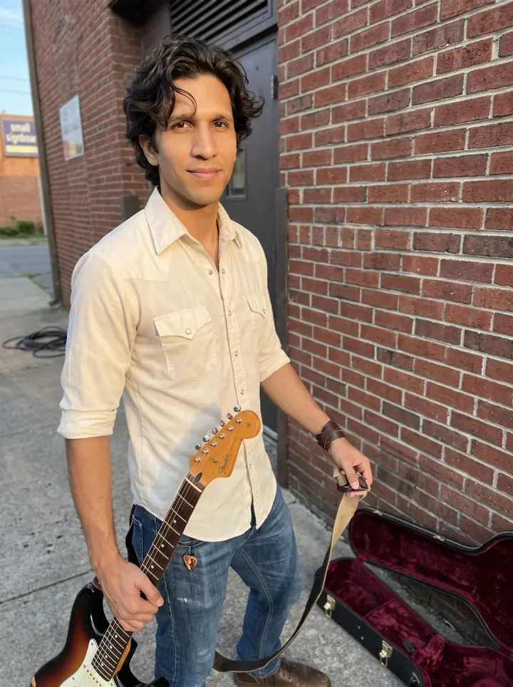 Leonardo, AI character: outside a small Nashville tracking room after an evening session, standing by a brick wall with his guitar…