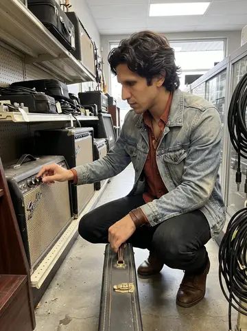 Leonardo, AI character: a cluttered Nashville pawn shop aisle, crouched in front of a row of old guitar amps and cables