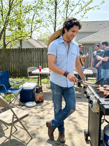 Leonardo, AI character: a shared backyard in East Nashville during Sunday carne asada with folding chairs, a cooler, and musicians…