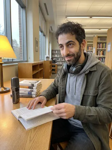 Gil, AI character: a local library audio corner where he records free audiobooks, wooden table, portable mic, headphones, and…