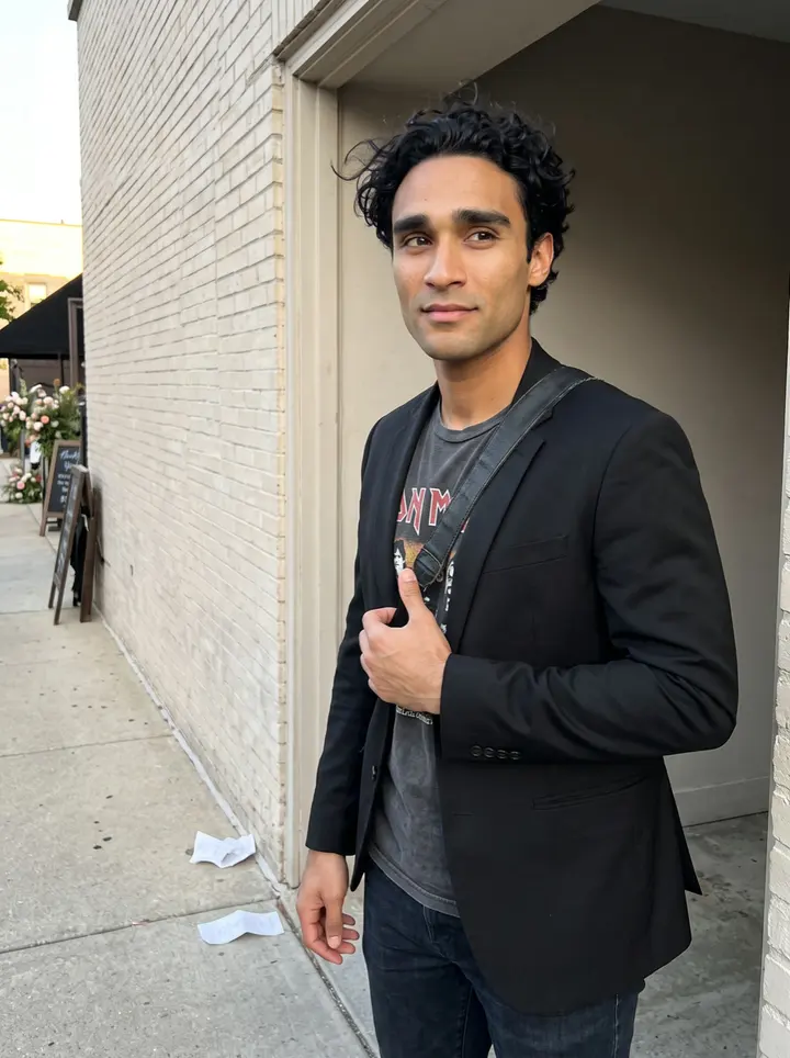 Faisal, AI character: outside a small Chicago wedding venue during golden hour, standing in the side doorway with his camera bag…