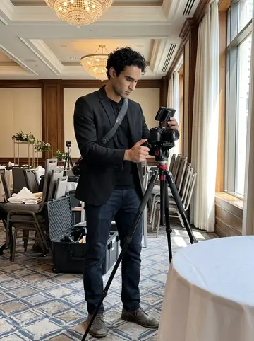 Faisal, AI character: a bright hotel ballroom in downtown Chicago before a wedding reception starts, chairs and flower stands…