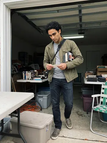 Faisal, AI character: an estate sale garage in a Chicago suburb, folding tables covered with old VHS tapes and dusty plastic bins