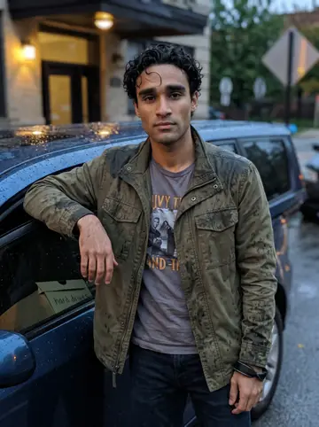 Faisal, AI character: curbside outside his brother's apartment in Chicago after a late edit session, his car door open and a…