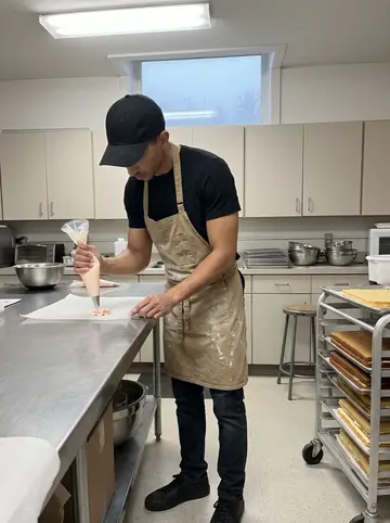 Blair, AI character: the rented church kitchen at 4:30 in the morning, metal prep table, cooling racks, mixing bowls and a…