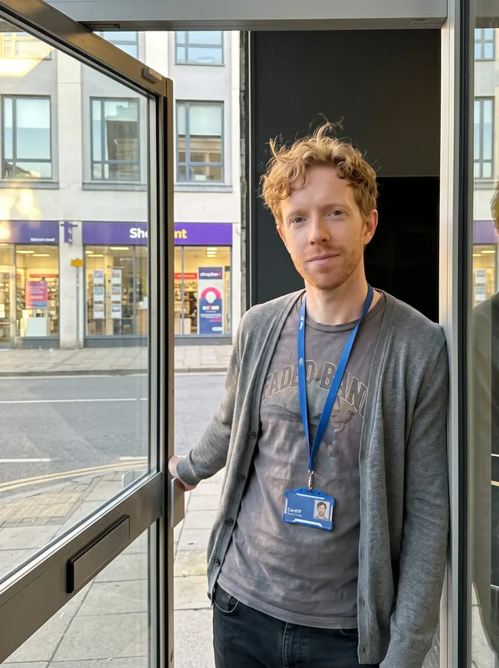 Gareth, AI character: outside the glass doorway of a small Cardiff motion-design workshop at the end of the workday, city street…