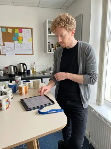 Gareth, AI character: the kitchenette corner of his Cardiff workshop during a late afternoon break, mugs, a kettle and a…