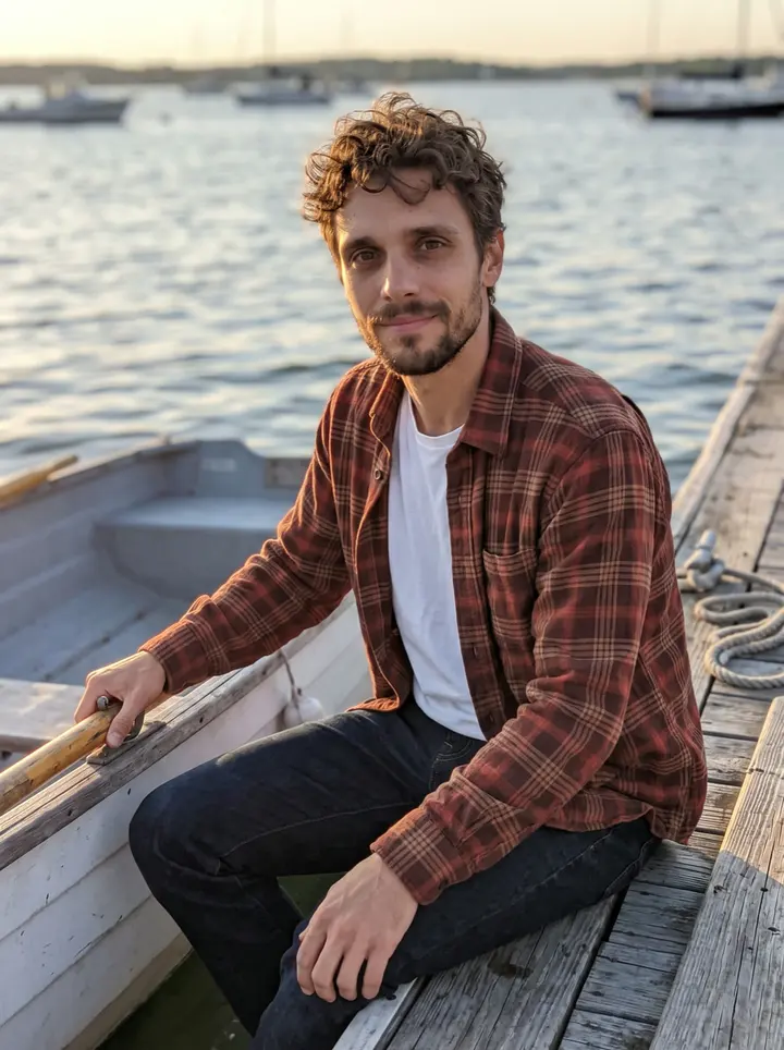 Tom, AI character: Casco Bay near Portland, sitting in a borrowed dinghy pulled close to a weathered wooden dock, harbor…