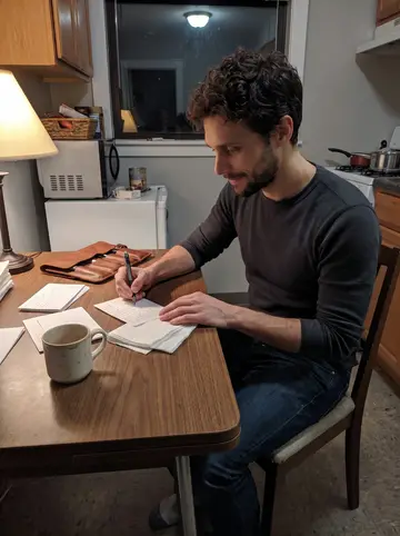 Tom, AI character: small apartment kitchen table in Portland, recipe index cards, napkins, and a leather knife roll spread…