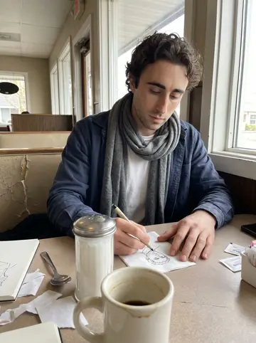 Hayden, AI character: a corner booth at a small Portland diner, sketchbook and a napkin under the sugar dispenser