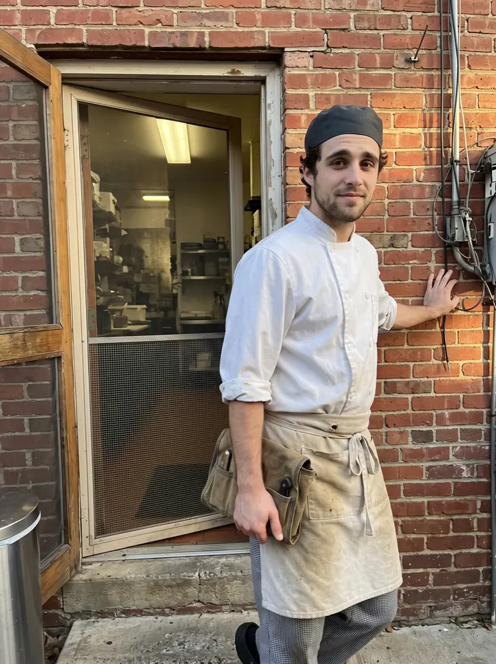 Ben, AI character: outside the back door of a small Asheville restaurant, brick wall and kitchen screen door behind him after…