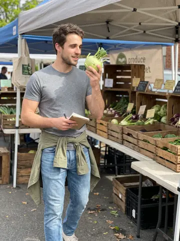 Ben, AI character: Asheville Sunday farmers' market, produce tables and handwritten price cards blurred behind him