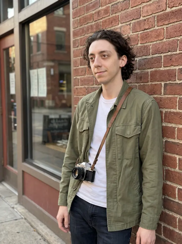 Malachi, AI character: outside a small Pittsburgh restaurant just after a menu shoot, leaning against a brick wall near the side…