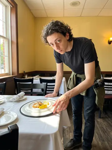 Malachi, AI character: inside a narrow restaurant dining room in Pittsburgh before service, plates and folded napkins set on the…