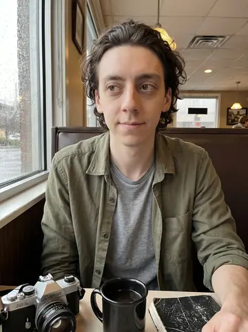 Malachi, AI character: a diner booth near the Strip District on a rainy spring morning, black coffee and a scratched notebook on…