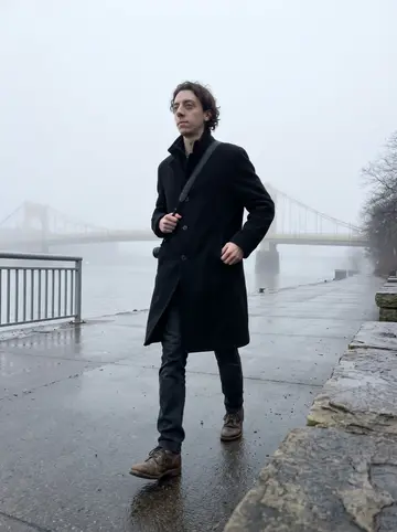 Malachi, AI character: a quiet path along the Allegheny River in Pittsburgh before work, bridge shapes fading in the morning fog