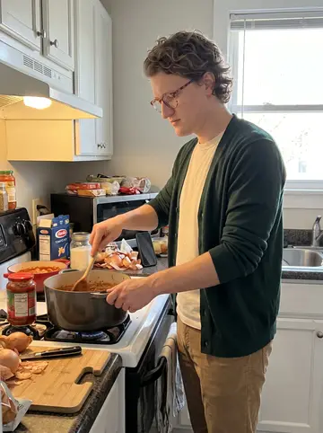 Chandler, AI character: his small Columbus kitchen during a Sunday ragù, tomato pot on the stove, pasta box and onion skins on the…