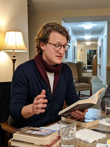Chandler, AI character: a quiet reading room at a Columbus care home on a Thursday evening, paperback novels and a water glass on…