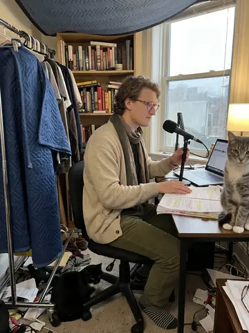Chandler, AI character: his recording corner at home on a rainy Columbus afternoon, laptop open to an audio waveform, moving…