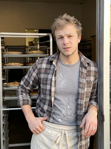 August, AI character: the side doorway of his Portland bakery after the morning rush, racks of cooling pies visible behind him