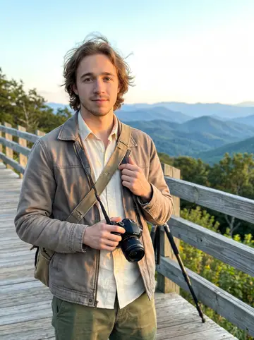 Ezekiel, AI character: a Blue Ridge Parkway overlook outside Asheville in early autumn, his tripod folded beside him and the…