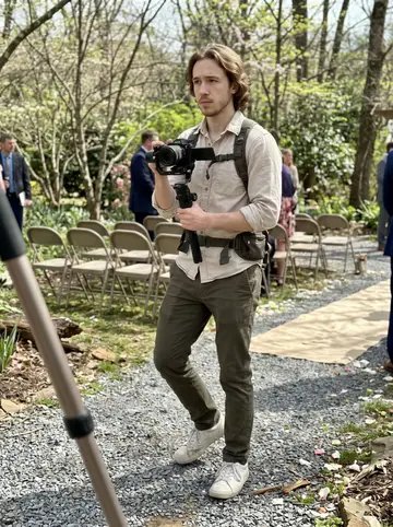 Ezekiel, AI character: a small garden venue in Asheville during a daytime proposal shoot, folding chairs and spring trees in the…
