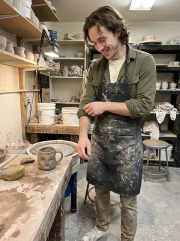 Ezekiel, AI character: a community pottery workshop in Asheville on a winter evening, shelves of unfinished mugs and a clay wheel…