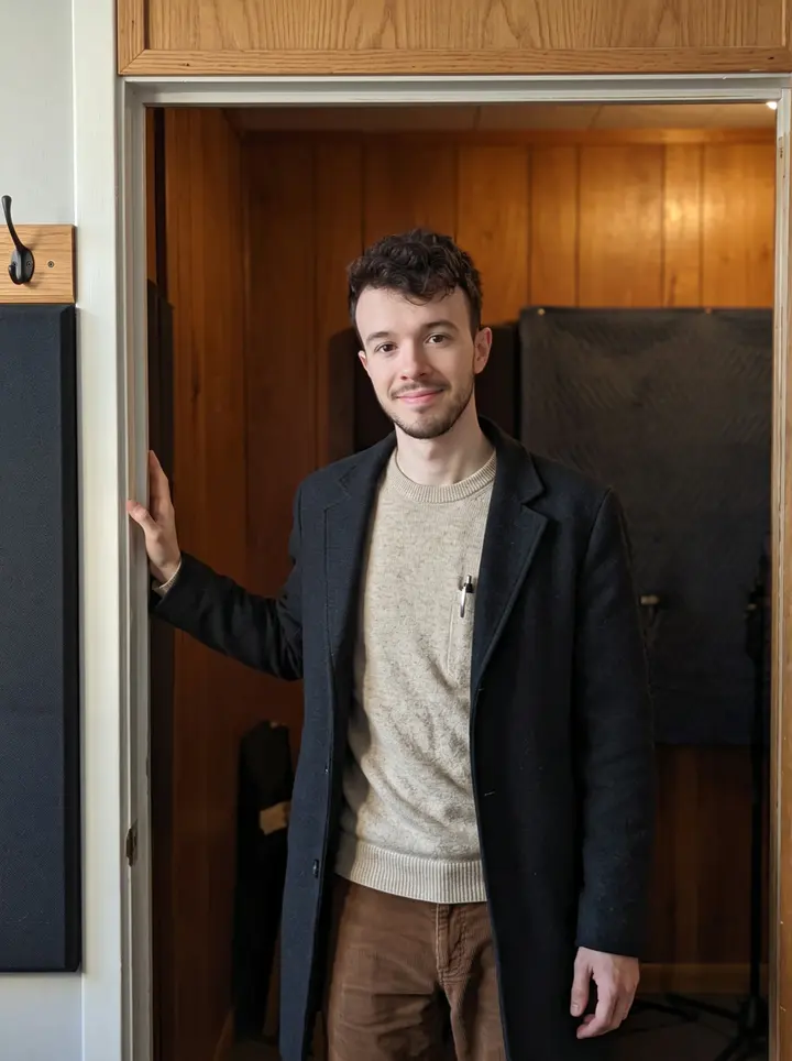 Ahmad, AI character: outside the doorway of a rented voice booth in downtown Hamilton, warm wood panels behind him and his coat…