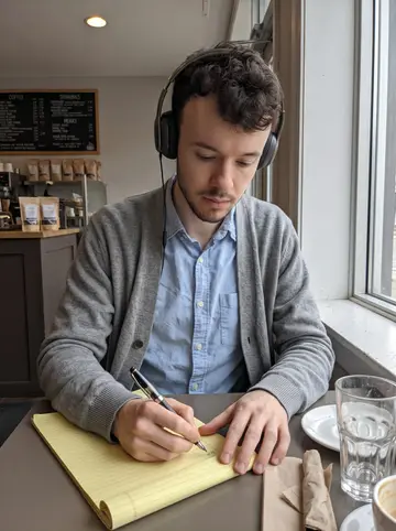 Ahmad, AI character: a quiet café near Locke Street in Hamilton, sitting at a small table by the front window with headphones,…