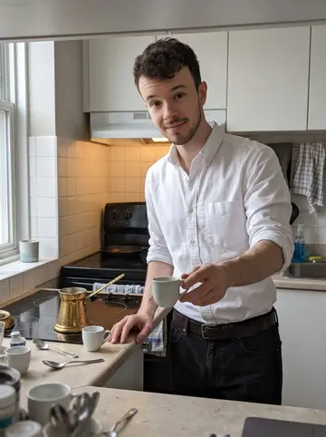 Ahmad, AI character: his small Hamilton apartment kitchen, making Bosnian coffee with a brass džezva on the stovetop and tiny…