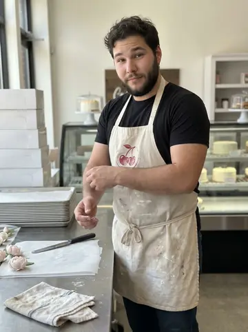Brady, AI character: the front prep table of his Louisville cake shop, trays of sugar peonies and white cake boxes behind him