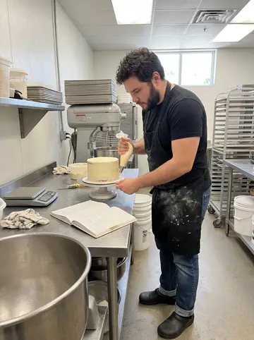 Brady, AI character: the commercial kitchen in the bakery during a busy Louisville lunch rush