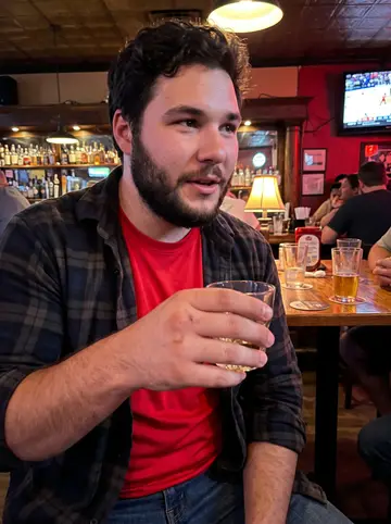 Brady, AI character: a crowded Louisville sports bar with a Cardinals game on mute behind him
