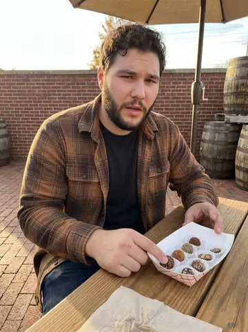 Brady, AI character: an outdoor table at a Kentucky distillery after a bourbon-ball tasting, low brick wall and barrels behind him