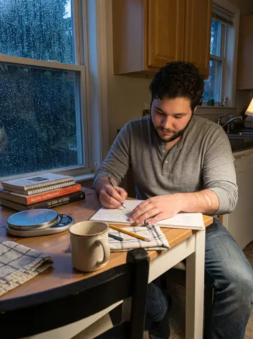 Brady, AI character: his small apartment kitchen table on a rainy Louisville evening, recipe notebooks stacked beside a scale