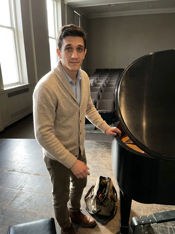 Alexei, AI character: inside a small Pittsburgh recital hall after tuning the grand piano, the lid open beside him and empty…