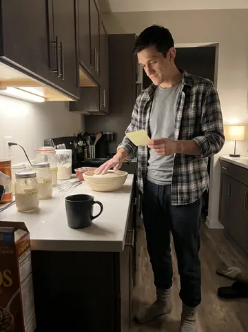 Alexei, AI character: his small apartment kitchen late at night, jars of sourdough starter labeled with composers on the counter